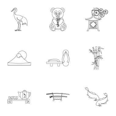 Japonya simgeleri anahat stilinde ayarlayın. Japonya vektör simge stok çizim büyük toplama