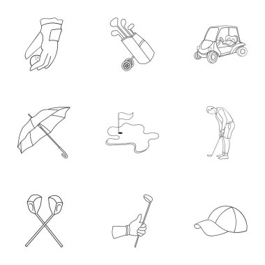 Golf Kulübü set simgeleri anahat stilinde. Golf kulübü vektör simge stok çizim büyük toplama