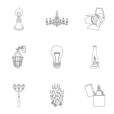 Işık kaynağı simgeleri anahat stilinde ayarlayın. Işık kaynağının vektör simge stok çizim büyük toplama