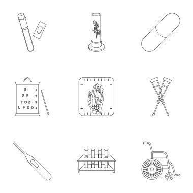 İlaç ve hastane simgeleri anahat stilinde ayarlayın. İlaç ve hastane vektör simge stok illüstrasyon büyük toplama