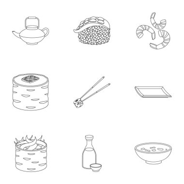 Sushi set simgeleri anahat stilinde. Suşi vektör simge stok çizim büyük toplama