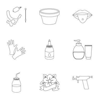 Tattoo studio simgeleri anahat stilinde ayarlayın. Tattoo studio vektör simge stok çizim büyük toplama