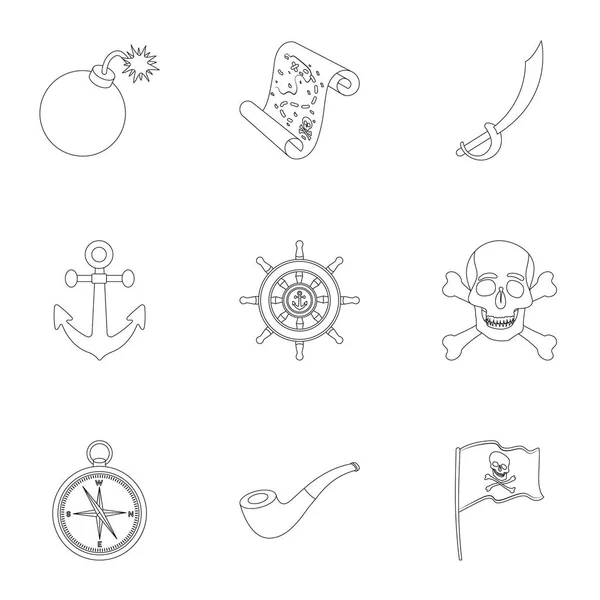 Los piratas establecen iconos en estilo de esquema. Gran colección de piratas vector símbolo stock ilustración — Vector de stock