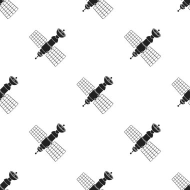 Uydu simge siyah stil beyaz arka plan üzerinde izole içinde. Alanı desen hisse senedi vektör çizim.