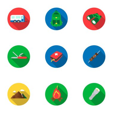 Düz stil kamp set simgeler. Büyük toplama kamp vektör simge stok çizim