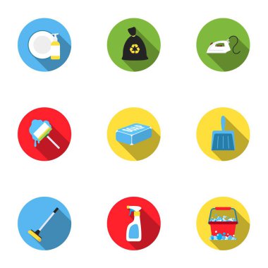 Düz Stil kümesi simgeleri temizleme. Vektör simge stok illüstrasyon temizlik büyük koleksiyonu