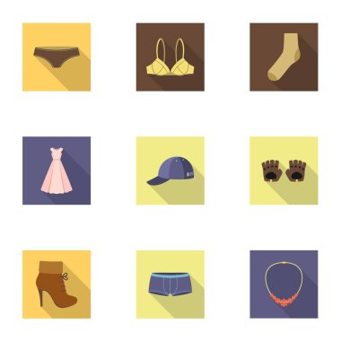 Giysi içinde düz stil Icons set. Giysi büyük koleksiyonu sembol stok illüstrasyon vektör