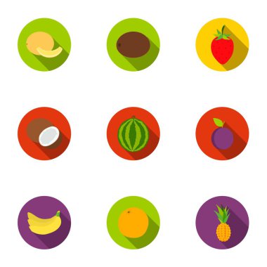 Meyve simgeler düz stil ayarlayın. Meyvelerin büyük koleksiyonu sembol stok illüstrasyon vektör
