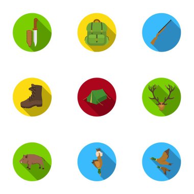 Avcılık simgeler düz stil ayarlayın. Vektör simge stok illüstrasyon avcılık big toplama