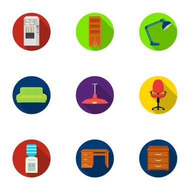Ofis mobilya ve iç kutsal kişilerin resmi içinde düz stil ayarlayın. Ofis mobilya ve iç vektör simge stok çizim büyük koleksiyonu
