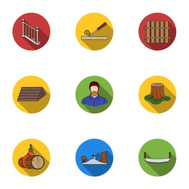 Sawmil ve kereste simgeler düz stil ayarlayın. Kereste ve ahşap vektör simge stok illüstrasyon büyük toplama