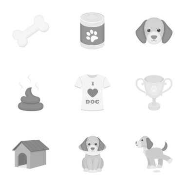 Köpek ekipman tek renkli bir tarzda Icons set. Büyük koleksiyon köpek ekipman vektör simge stok çizim