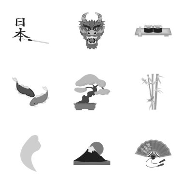Japonya, tek renkli bir tarzda Icons set. Japonya vektör simge stok çizim büyük toplama