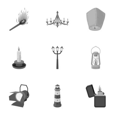 Işık kaynağı simgeleri tek renkli bir tarzda ayarlayın. Işık kaynağının vektör simge stok çizim büyük toplama