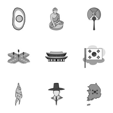 Güney Kore, tek renkli bir tarzda Icons set. Güney Kore vektör simge stok çizim büyük toplama