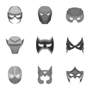 Süper kahraman maske tek renkli bir tarzda Icons set. Süper kahraman maske vektör simge stok çizim büyük toplama