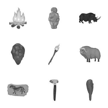 Taş Devri, tek renkli bir tarzda Icons set. Taş Devri vektör simge stok çizim büyük toplama