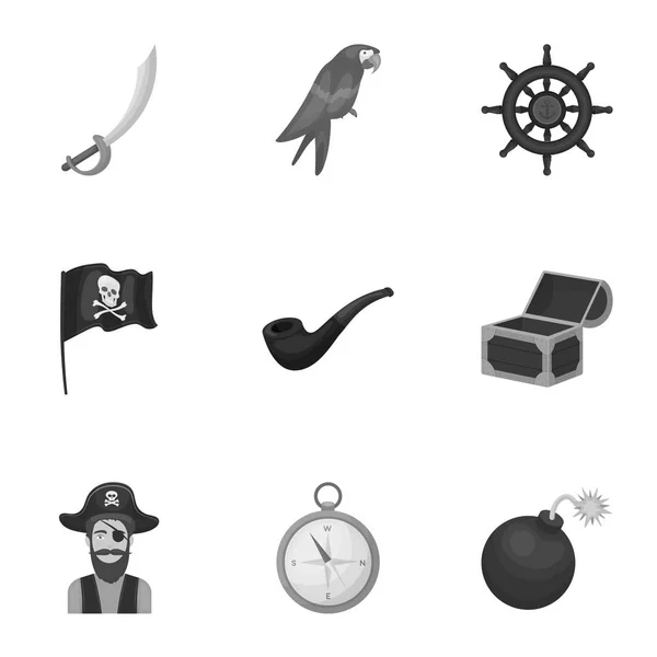 Pirates set icons in monochrome style. Big collection of pirates vector symbol stock illustration — Stock Vector