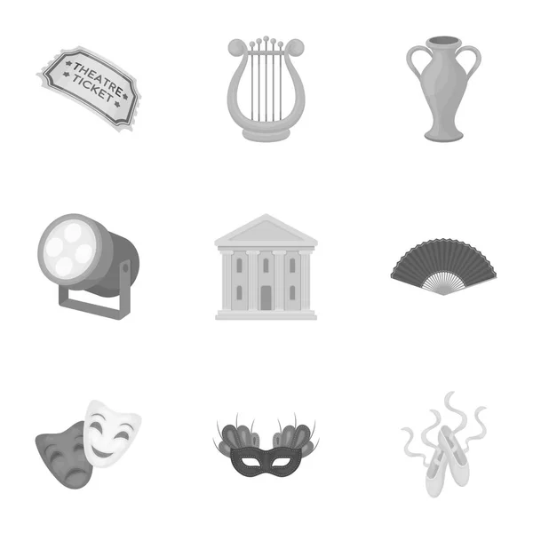 Theater stel pictogrammen in zwart-wit stijl. Grote verzameling van theater vector symbool stock illustratie — Stockvector