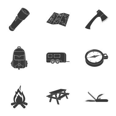 Siyah stil kamp set simgeler. Büyük toplama kamp vektör simge stok çizim