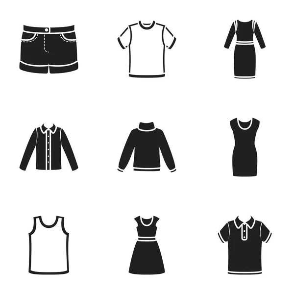 服は、黒のスタイルでアイコンを設定します。服の大きなコレクション ベクトル シンボル ストック イラスト — ストックベクタ