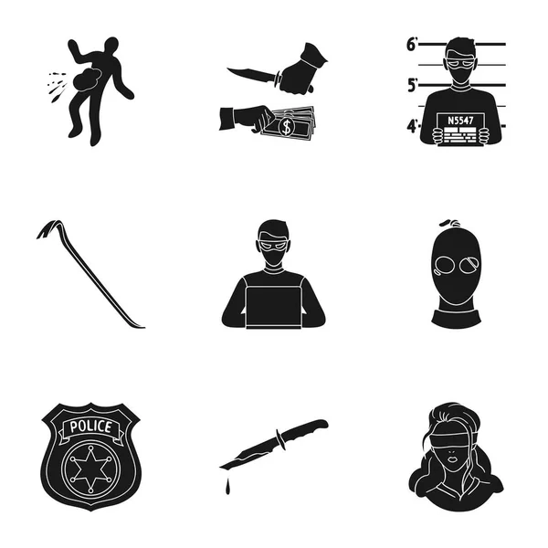 El crimen establece iconos en estilo negro. Gran colección de símbolo de vector del crimen ilustración de stock — Vector de stock