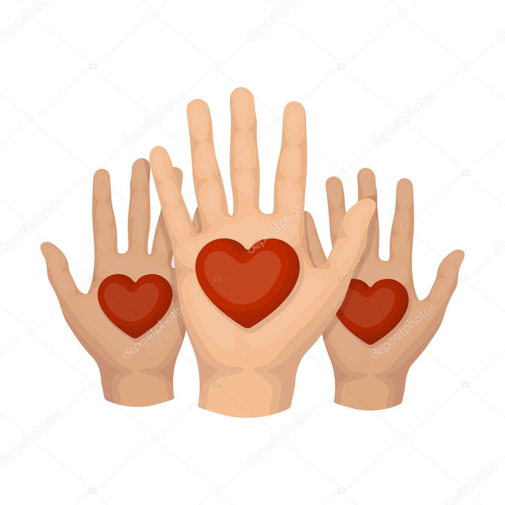 Hands up with hearts icon in cartoon style isolated on white background. Charity and donation symbol stock vector illustration.