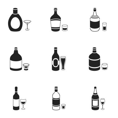 Alkol simgeler siyah tarzında ayarlayın. Alkol vektör simge stok çizim büyük toplama