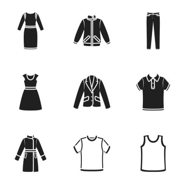 Giysileri siyah tarzında Icons set. Giysi büyük koleksiyonu sembol stok illüstrasyon vektör