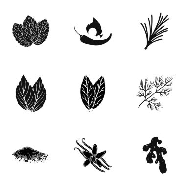 Ot ve baharat simgeler siyah tarzında ayarlayın. Ot ve baharat büyük koleksiyonu sembol stok illüstrasyon vektör