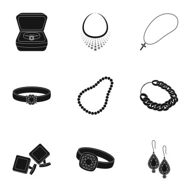 Takı ve Aksesuar simgeler siyah tarzında ayarlayın. Takı ve Aksesuar büyük toplama sembol stok illüstrasyon vektör