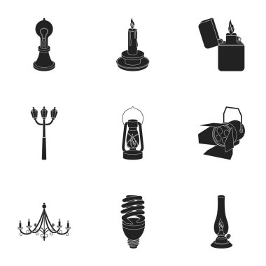 Işık kaynağı simgeler siyah tarzında ayarlayın. Işık kaynağının vektör simge stok çizim büyük toplama