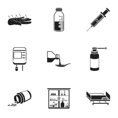 İlaç ve hastane simgeler siyah tarzında ayarlayın. İlaç ve hastane vektör simge stok illüstrasyon büyük toplama