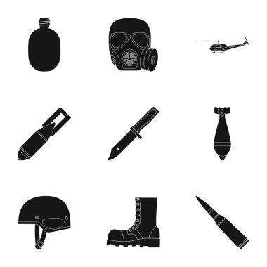 Askeri ve ordu simgeler siyah tarzında ayarlayın. Askeri büyük toplama ve ordu sembol stok illüstrasyon vektör