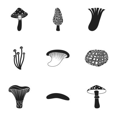 Mantar simgeler siyah tarzında ayarlayın. Mantar vektör simge stok çizim büyük toplama