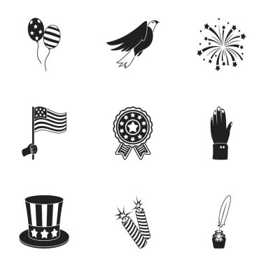 Vatansever günü simgeler siyah tarzında ayarlayın. Vatansever gün vektör simge stok çizim büyük toplama