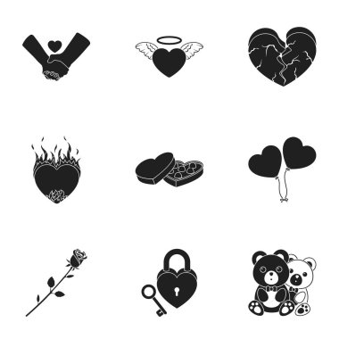 Romantik siyah tarzında Icons set. Romantik vektör simge stok çizim büyük toplama