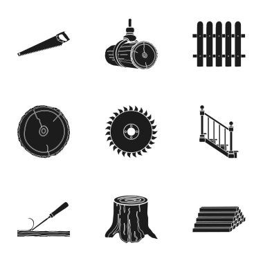 Sawmil ve kereste simgeler siyah tarzında ayarlayın. Kereste ve ahşap vektör simge stok illüstrasyon büyük toplama