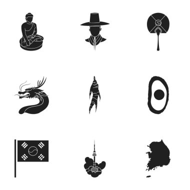 Güney Kore simgeler siyah tarzında ayarlayın. Güney Kore vektör simge stok çizim büyük toplama