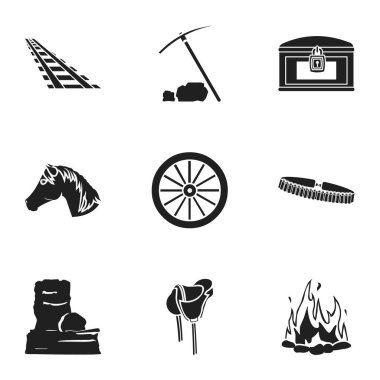 Vahşi Batı simgeler siyah tarzında ayarlayın. Vahşi Batı vektör simge stok çizim büyük toplama