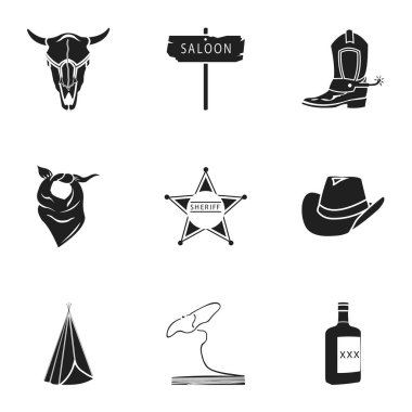 Vahşi Batı simgeler siyah tarzında ayarlayın. Vahşi Batı vektör simge stok çizim büyük toplama