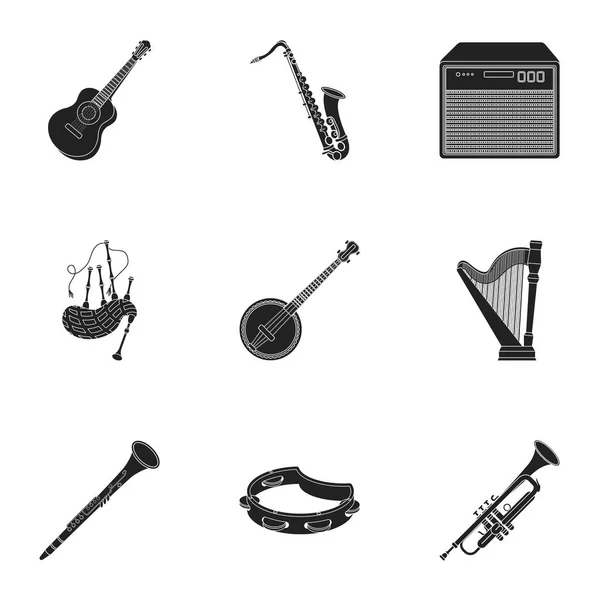 Hudební nástroje sada ikon v černém stylu. Velkou sbírku hudebních nástrojů vektorové ilustrace burzovní symbol — Stockový vektor