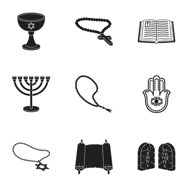 Religion mis icônes dans le style noir. Grande collection de religion vectoriel symbole illustration stock — Image vectorielle