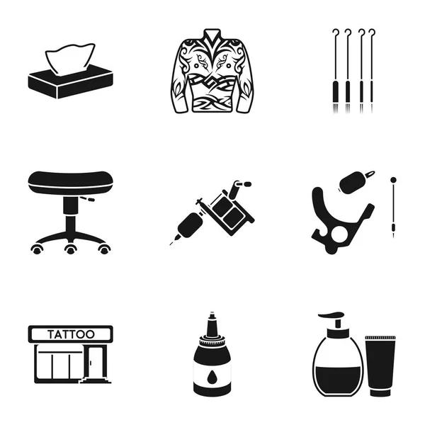 纹身工作室在黑色风格中设置图标。纹身工作室矢量符号股票插画的大集合 — 图库矢量图片