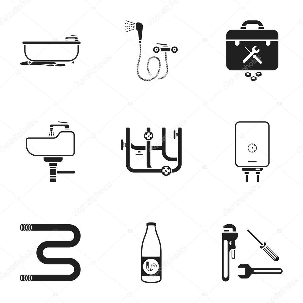 Plumbing set icons in black style. Big collection of plumbing vector symbol stock