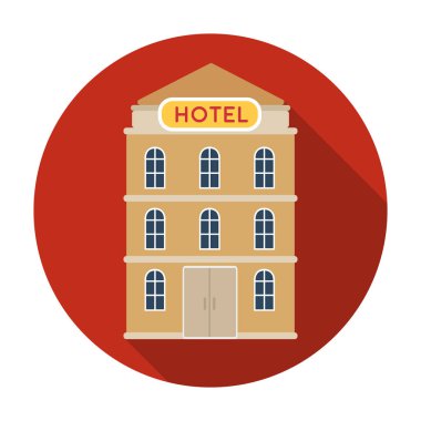 Otel düz stil beyaz arka plan üzerinde izole simgesinde binası. Dinlenmek ve sembol stok vektör çizim seyahat.
