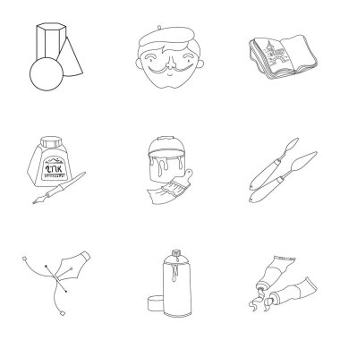 Sanatçı ve çizim set simgeleri anahat tarzı. Sanatçı ve vektör simge stok çizim çizim büyük koleksiyonu