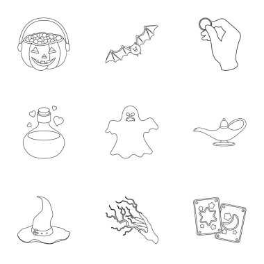 Siyah ve beyaz sihir simgeleri anahat stilinde ayarlayın. Siyah ve beyaz sihirli vektör simge stok çizim büyük toplama