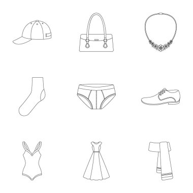 Elbise set simgeleri anahat stilinde. Giysi büyük koleksiyonu sembol stok illüstrasyon vektör
