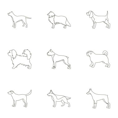 Köpek ırkları simgeleri anahat stilinde ayarlayın. Köpek doğurmak büyük koleksiyonu sembol stok illüstrasyon vektör